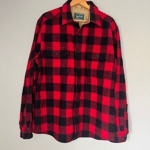 WOOLRICH Flannel Shirt Jacket Size Large Red Plaid‎ Button Up Shacket
